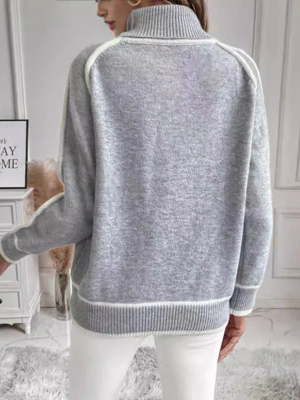 Long Sleeves Loose Contrast Color Split-Joint High Neck Sweater Tops - Image 11
