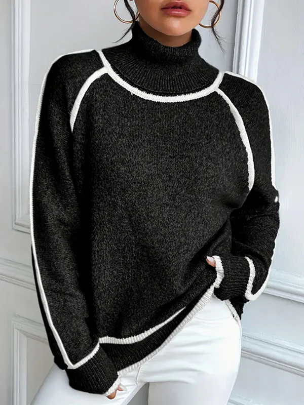 Long Sleeves Loose Contrast Color Split-Joint High Neck Sweater Tops - Image 2