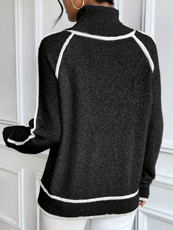 Long Sleeves Loose Contrast Color Split-Joint High Neck Sweater Tops - Image 3