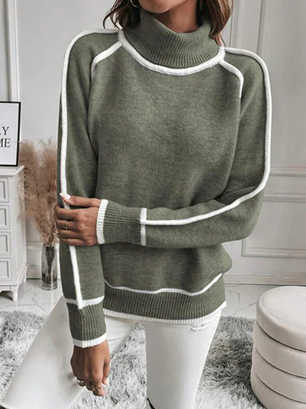 Long Sleeves Loose Contrast Color Split-Joint High Neck Sweater Tops - Image 4