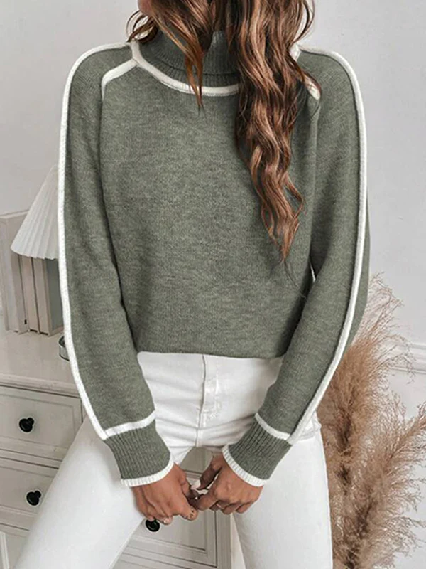 Long Sleeves Loose Contrast Color Split-Joint High Neck Sweater Tops - Image 5