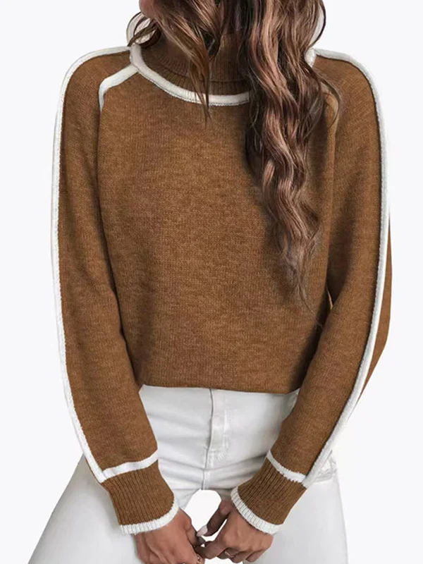 Long Sleeves Loose Contrast Color Split-Joint High Neck Sweater Tops - Image 6