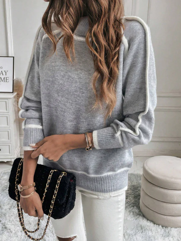 Long Sleeves Loose Contrast Color Split-Joint High Neck Sweater Tops - Image 8