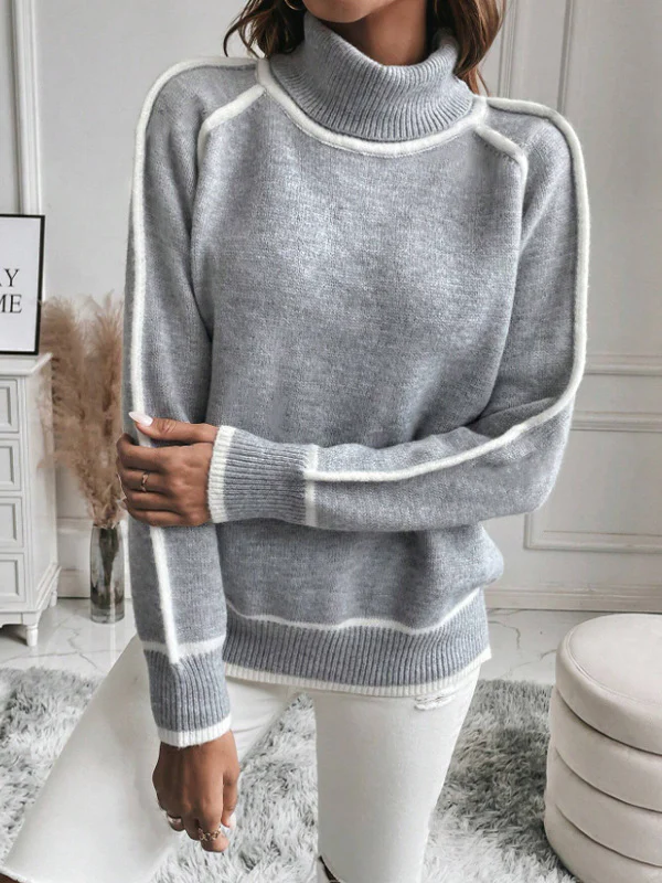 Long Sleeves Loose Contrast Color Split-Joint High Neck Sweater Tops - Image 9