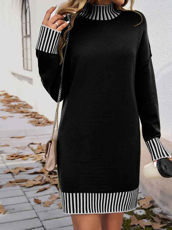 Long Sleeves Loose Contrast Color Split-Joint Mock Neck Mini Dresses Sweater Dresses - Image 3