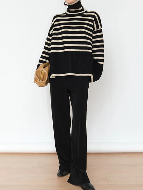 Long Sleeves Loose Contrast Color Split-Joint Split-Side Striped High Neck Sweater Tops - Image 3