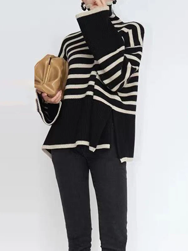 Long Sleeves Loose Contrast Color Split-Joint Split-Side Striped High Neck Sweater Tops - Image 4
