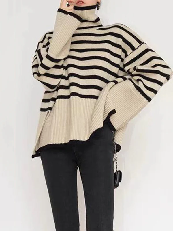 Long Sleeves Loose Contrast Color Split-Joint Split-Side Striped High Neck Sweater Tops - Image 5