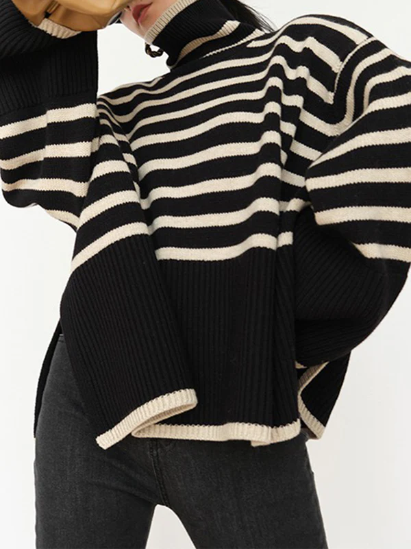 Long Sleeves Loose Contrast Color Split-Joint Split-Side Striped High Neck Sweater Tops - Image 2