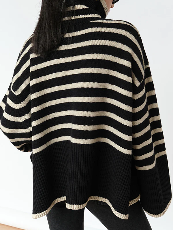 Long Sleeves Loose Contrast Color Split-Joint Split-Side Striped High Neck Sweater Tops - Image 3