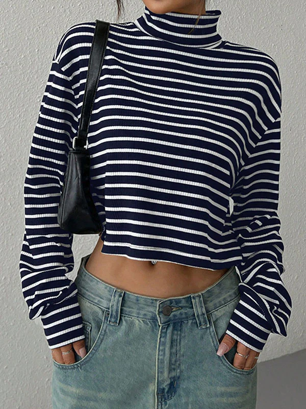 Long Sleeves Loose Contrast Color Split-Joint Striped High Neck T-Shirts Tops - Image 2