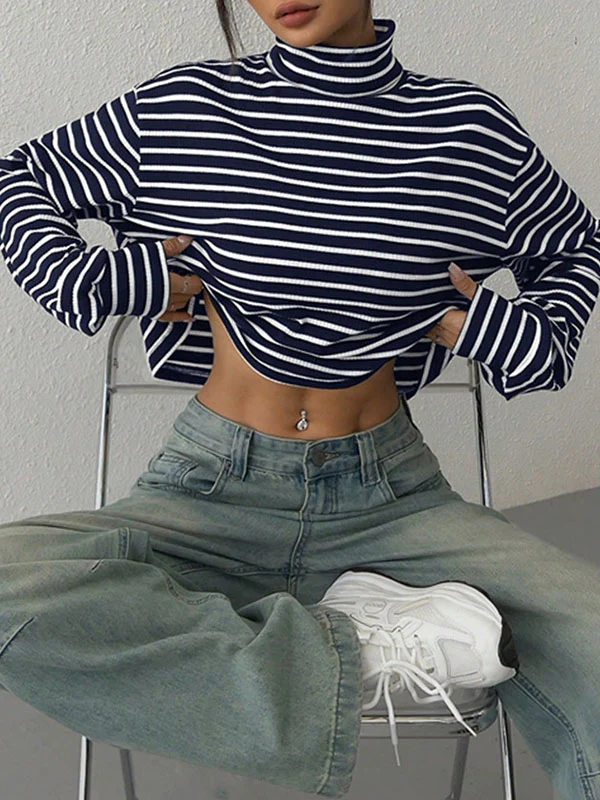 Long Sleeves Loose Contrast Color Split-Joint Striped High Neck T-Shirts Tops - Image 4