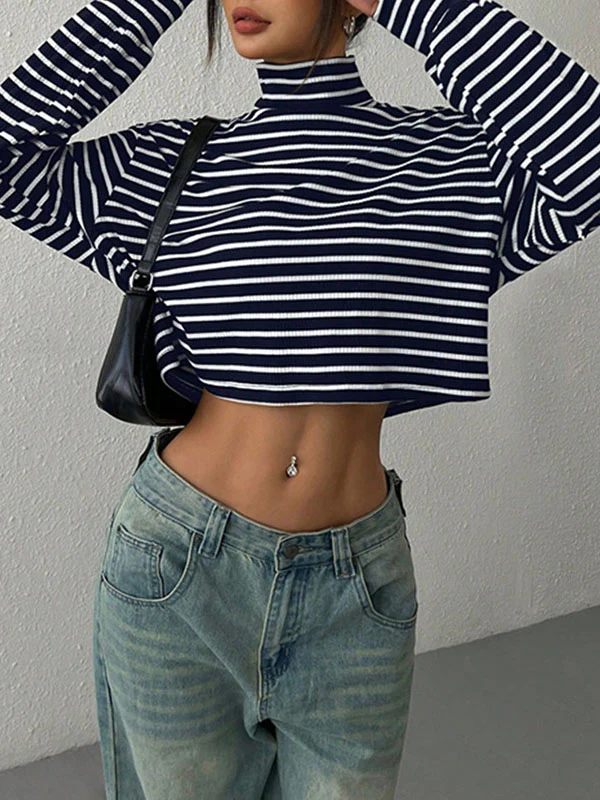 Long Sleeves Loose Contrast Color Split-Joint Striped High Neck T-Shirts Tops - Image 5