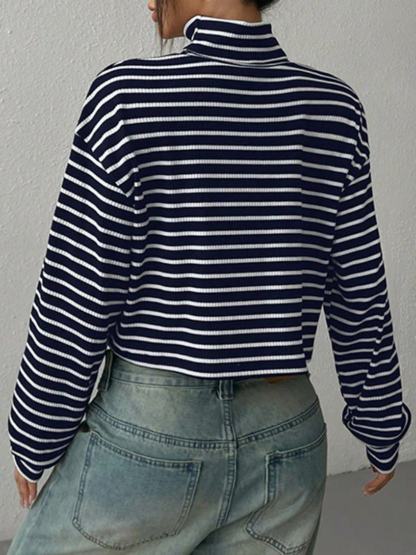 Long Sleeves Loose Contrast Color Split-Joint Striped High Neck T-Shirts Tops - Image 6