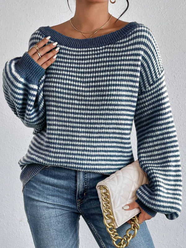 Long Sleeves Loose Contrast Color Split-Joint Striped Off-The-Shoulder Pullovers Sweater Tops - Image 2