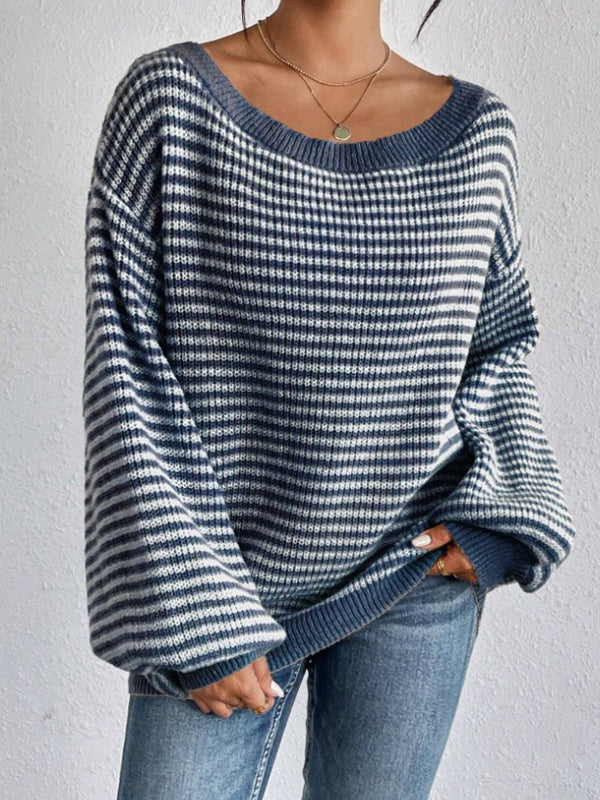Long Sleeves Loose Contrast Color Split-Joint Striped Off-The-Shoulder Pullovers Sweater Tops - Image 4