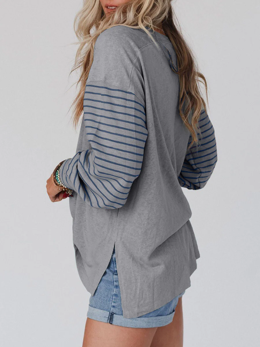 Long Sleeves Loose Contrast Color Split-Joint Striped Round-Neck Blouses&Shirts Tops - Image 11