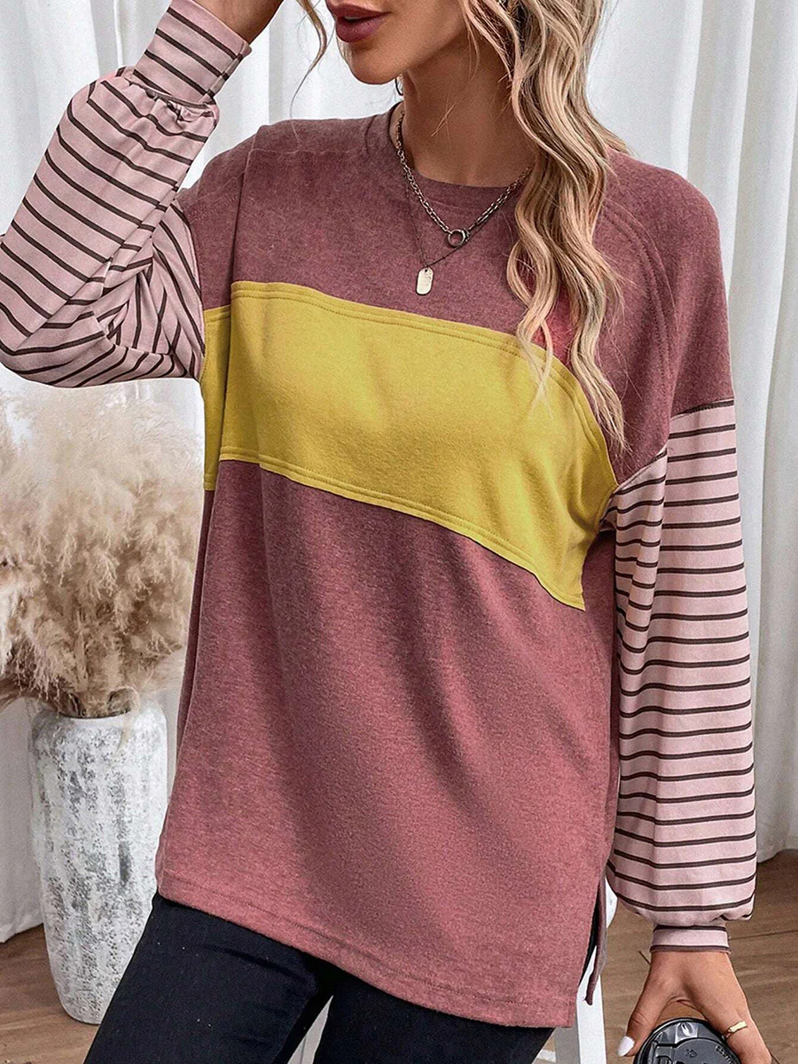 Long Sleeves Loose Contrast Color Split-Joint Striped Round-Neck Blouses&Shirts Tops - Image 12