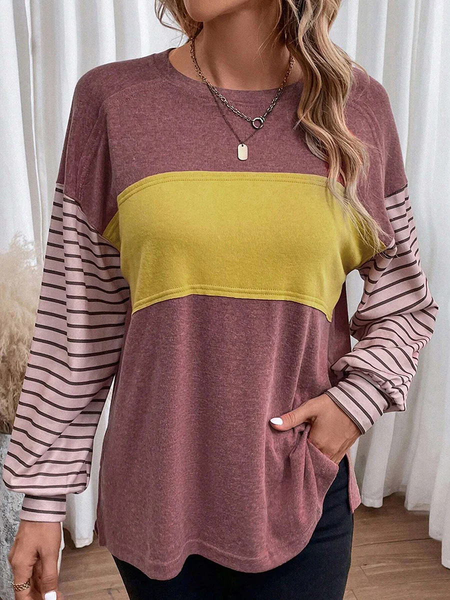 Long Sleeves Loose Contrast Color Split-Joint Striped Round-Neck Blouses&Shirts Tops - Image 13
