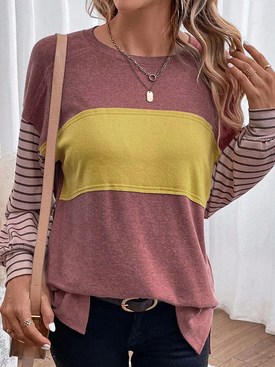 Long Sleeves Loose Contrast Color Split-Joint Striped Round-Neck Blouses&Shirts Tops - Image 14