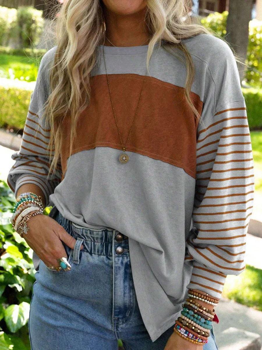Long Sleeves Loose Contrast Color Split-Joint Striped Round-Neck Blouses&Shirts Tops - Image 2