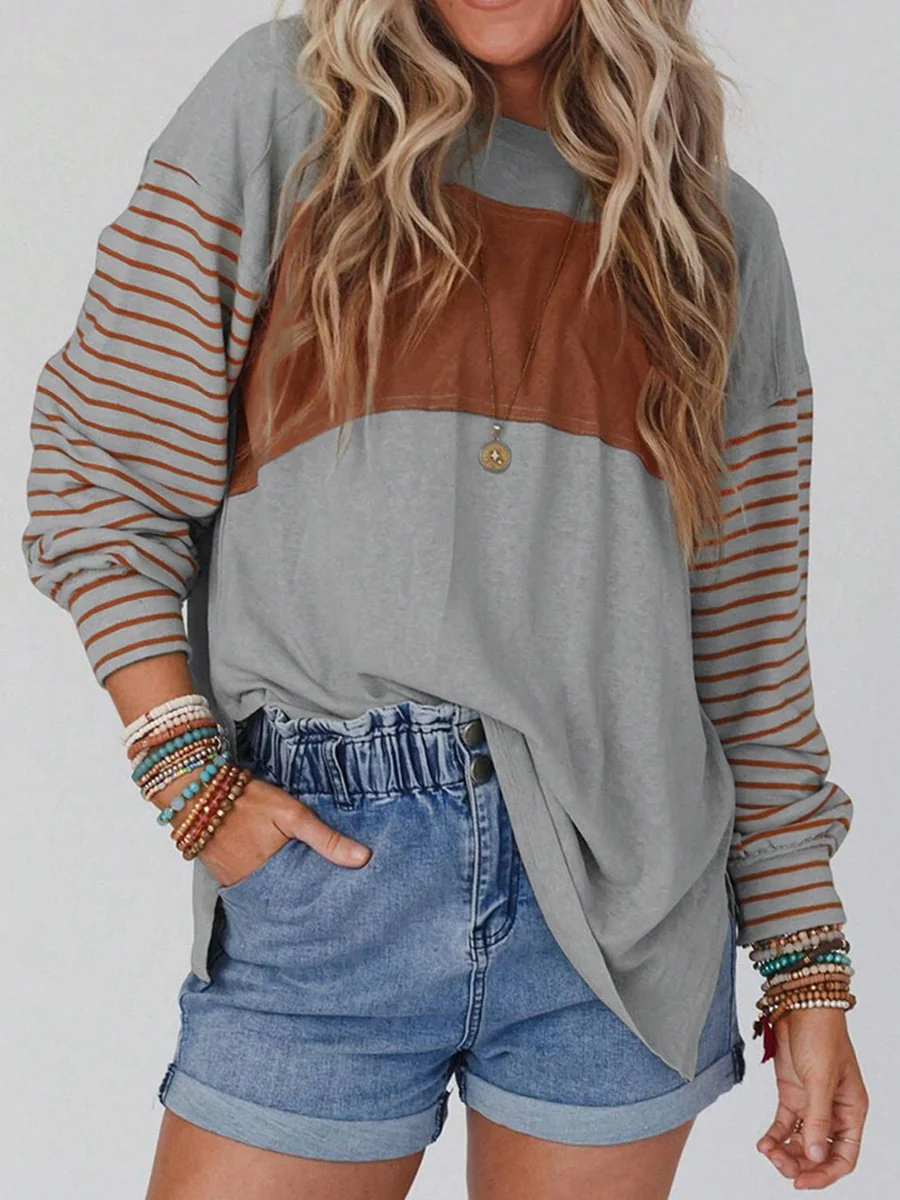 Long Sleeves Loose Contrast Color Split-Joint Striped Round-Neck Blouses&Shirts Tops - Image 3