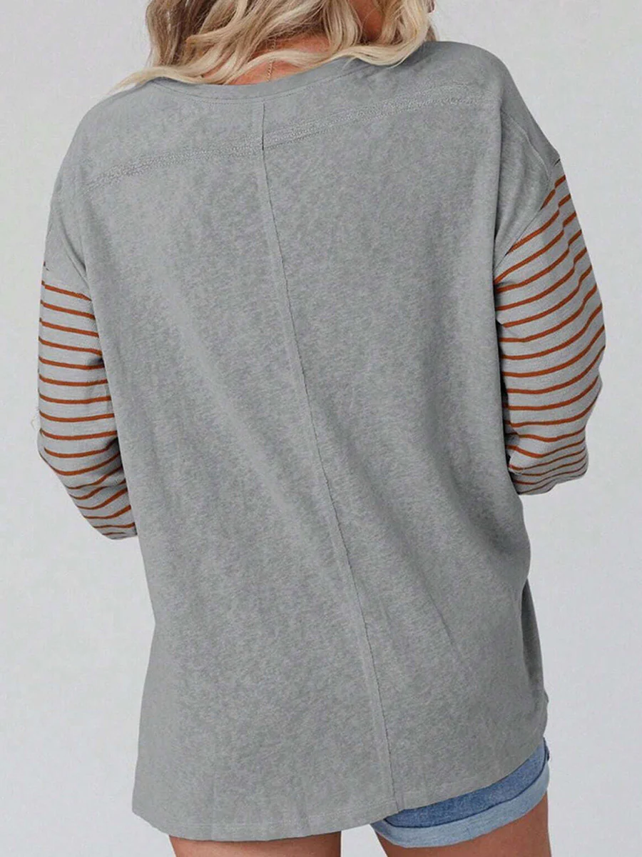 Long Sleeves Loose Contrast Color Split-Joint Striped Round-Neck Blouses&Shirts Tops - Image 4