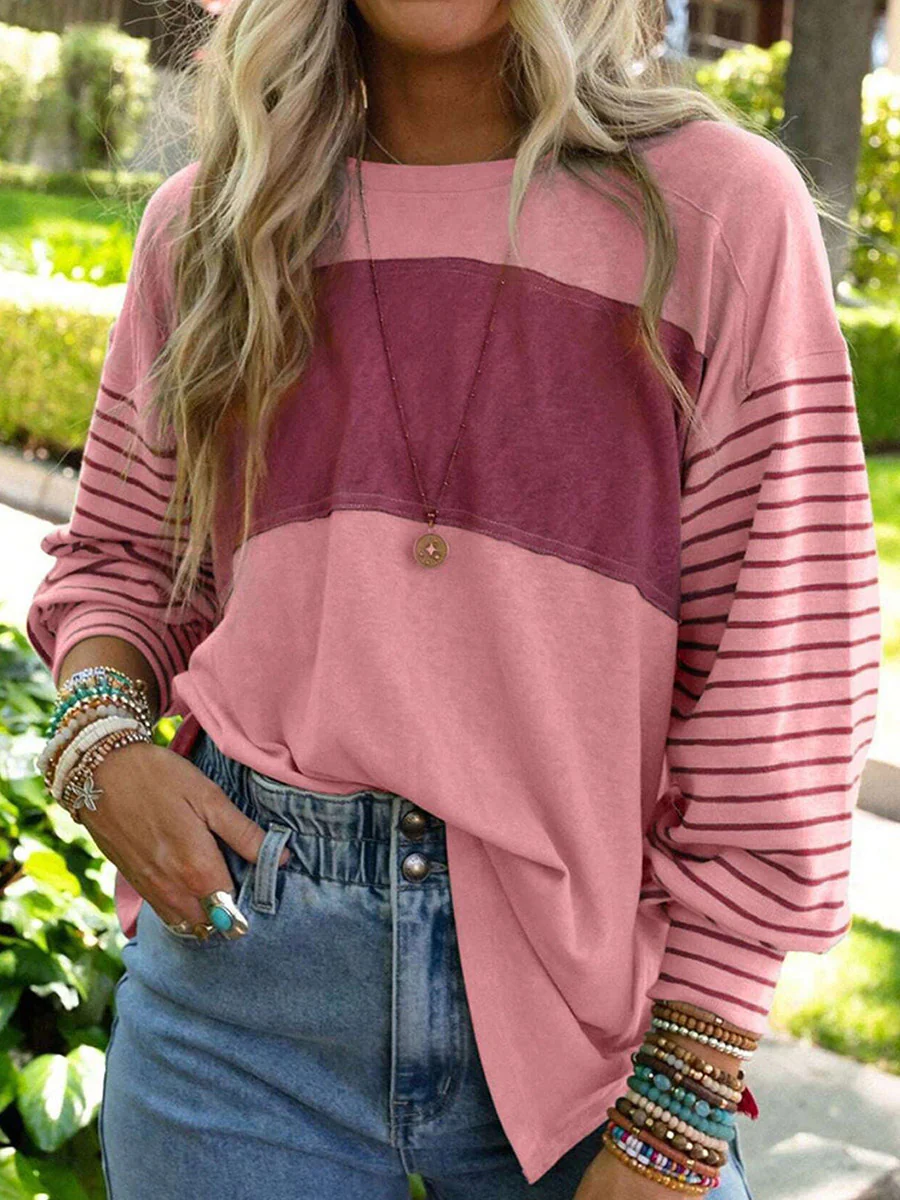 Long Sleeves Loose Contrast Color Split-Joint Striped Round-Neck Blouses&Shirts Tops - Image 5