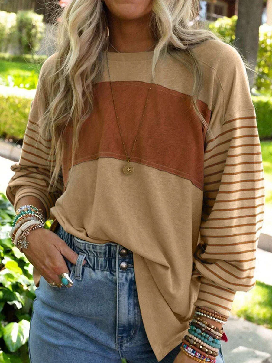 Long Sleeves Loose Contrast Color Split-Joint Striped Round-Neck Blouses&Shirts Tops - Image 7