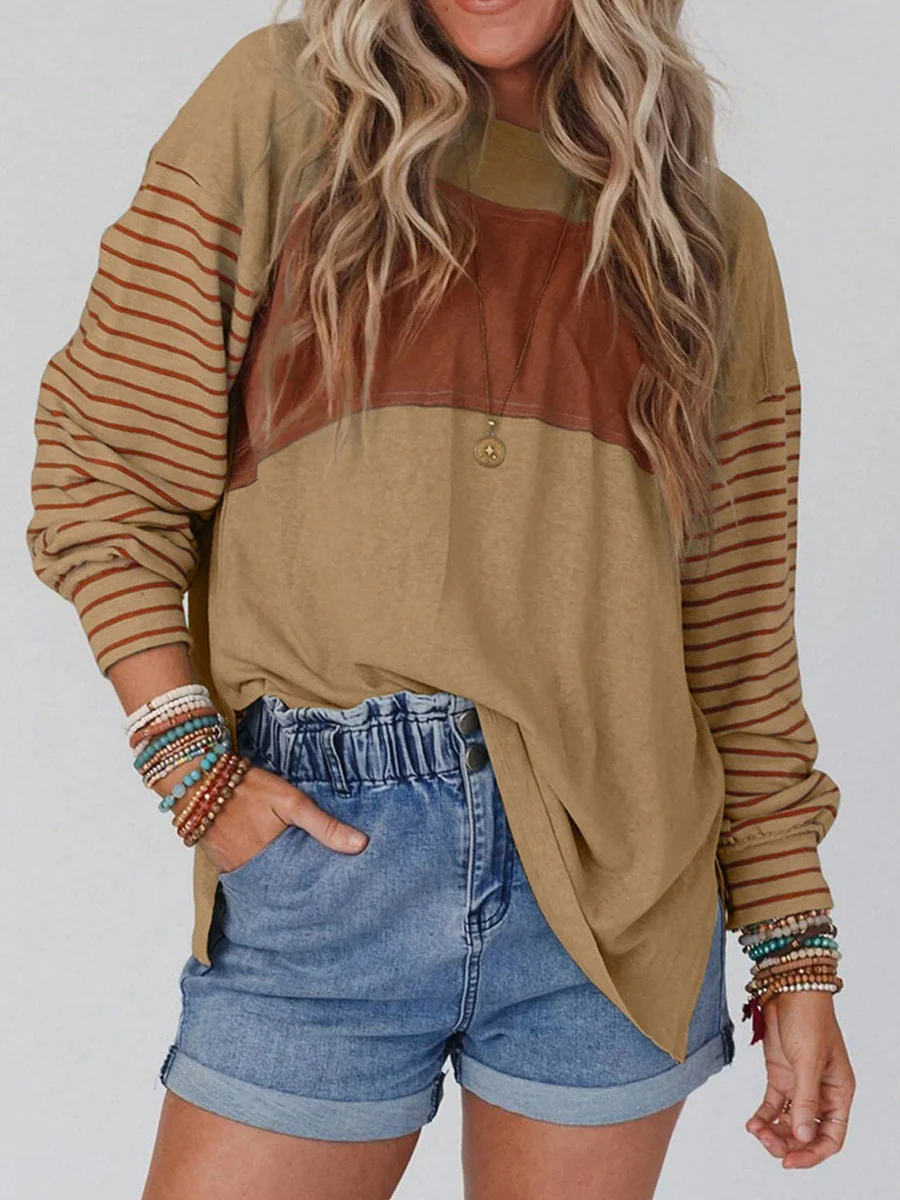 Long Sleeves Loose Contrast Color Split-Joint Striped Round-Neck Blouses&Shirts Tops - Image 8
