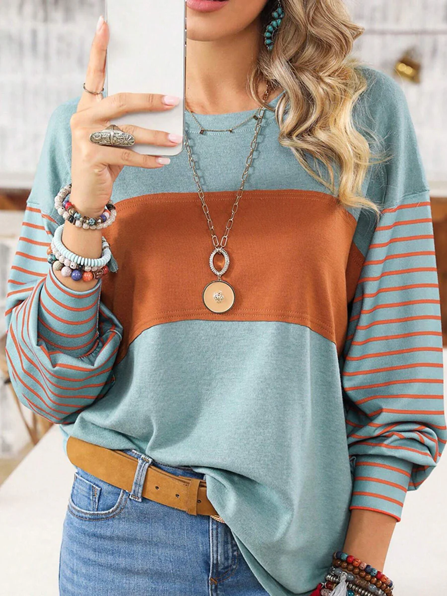 Long Sleeves Loose Contrast Color Split-Joint Striped Round-Neck Blouses&Shirts Tops - Image 9