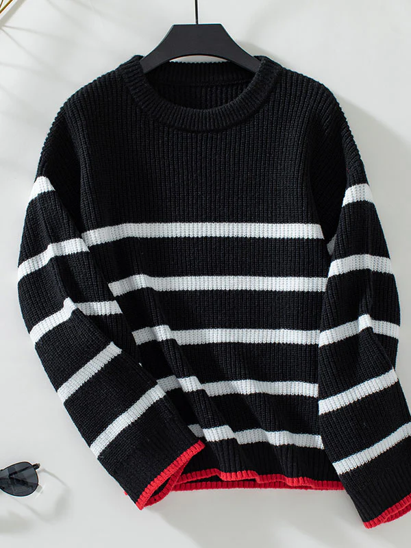 Long Sleeves Loose Contrast Color Split-Joint Striped Round-Neck Pullovers Sweater Tops - Image 10