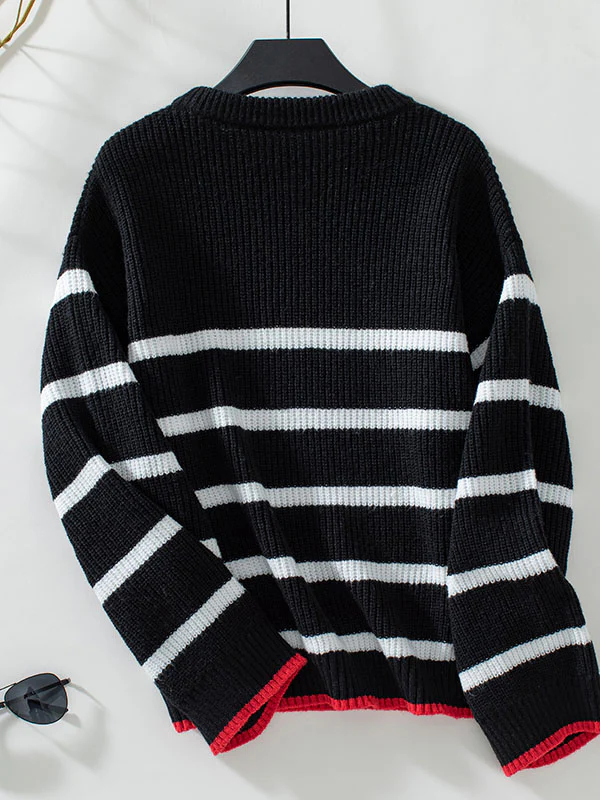 Long Sleeves Loose Contrast Color Split-Joint Striped Round-Neck Pullovers Sweater Tops - Image 11