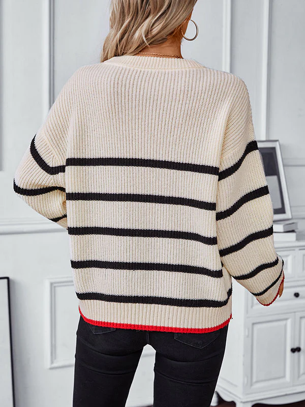 Long Sleeves Loose Contrast Color Split-Joint Striped Round-Neck Pullovers Sweater Tops - Image 6