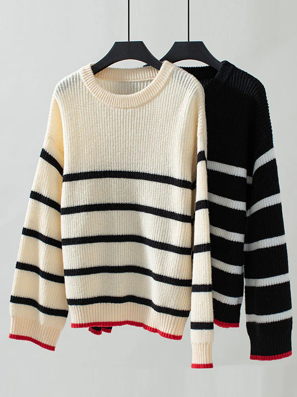 Long Sleeves Loose Contrast Color Split-Joint Striped Round-Neck Pullovers Sweater Tops - Image 7