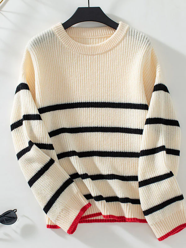 Long Sleeves Loose Contrast Color Split-Joint Striped Round-Neck Pullovers Sweater Tops - Image 8