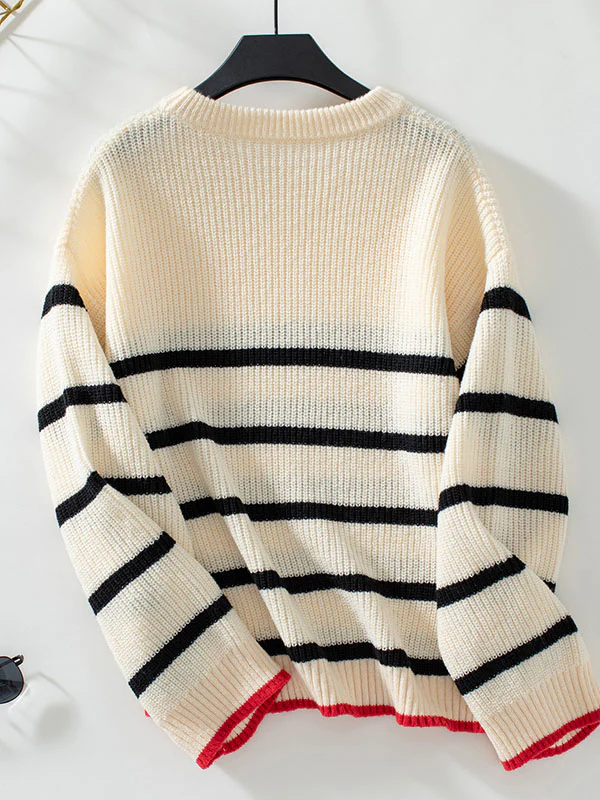 Long Sleeves Loose Contrast Color Split-Joint Striped Round-Neck Pullovers Sweater Tops - Image 9