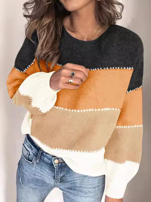 Long Sleeves Loose Contrast Color Split-Joint Striped Round-Neck Pullovers Sweater Tops - Image 5