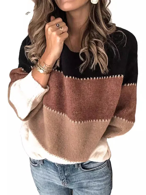 Long Sleeves Loose Contrast Color Split-Joint Striped Round-Neck Pullovers Sweater Tops - Image 6