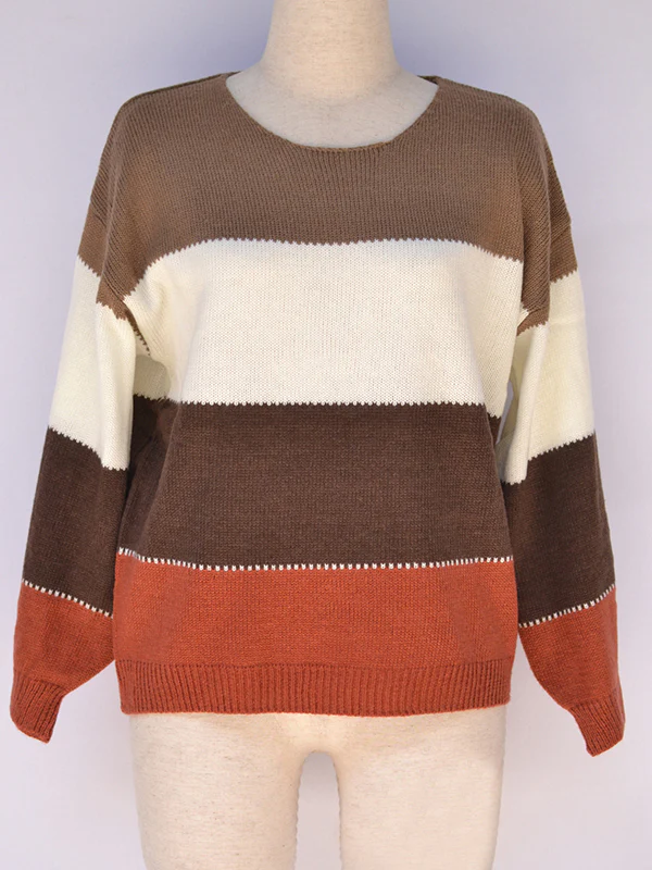 Long Sleeves Loose Contrast Color Split-Joint Striped Round-Neck Pullovers Sweater Tops - Image 7