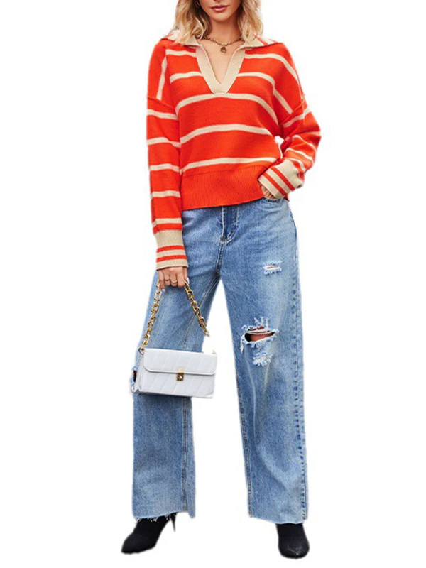 Long Sleeves Loose Contrast Color Split-Joint Striped V-Neck Pullovers Sweater Tops - Image 10