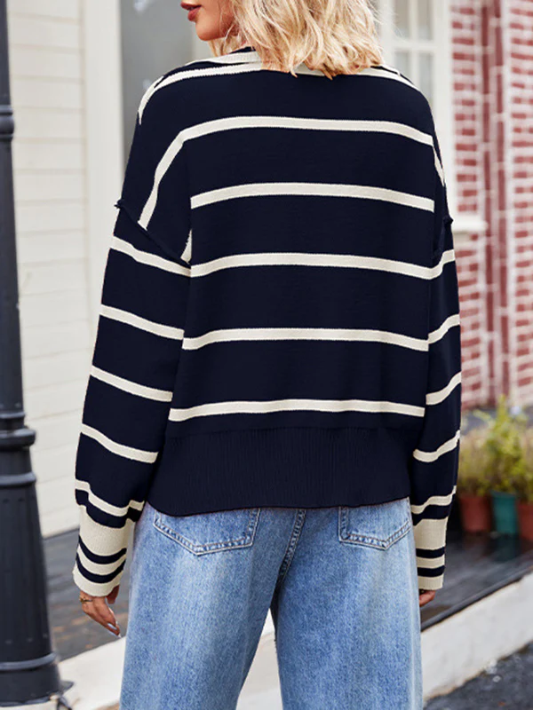 Long Sleeves Loose Contrast Color Split-Joint Striped V-Neck Pullovers Sweater Tops - Image 5