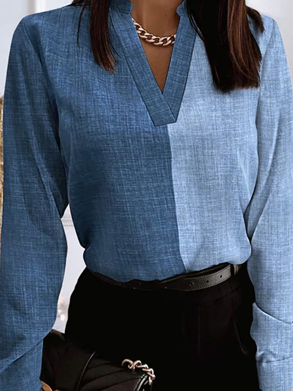 Long Sleeves Loose Contrast Color Split-Joint V-Neck Blouses&Shirts Tops - Image 2