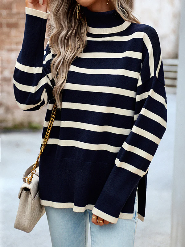 Long Sleeves Loose Contrast Color Split-Side Striped High Neck Pullovers Sweater Tops - Image 10