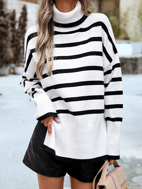 Long Sleeves Loose Contrast Color Split-Side Striped High Neck Pullovers Sweater Tops - Image 11