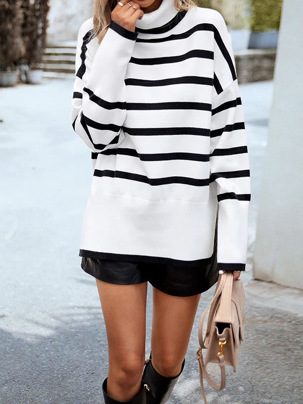 Long Sleeves Loose Contrast Color Split-Side Striped High Neck Pullovers Sweater Tops - Image 12