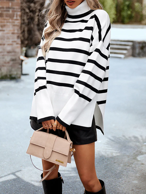 Long Sleeves Loose Contrast Color Split-Side Striped High Neck Pullovers Sweater Tops - Image 13