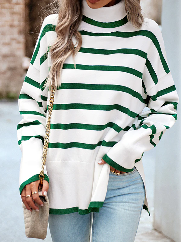 Long Sleeves Loose Contrast Color Split-Side Striped High Neck Pullovers Sweater Tops - Image 14