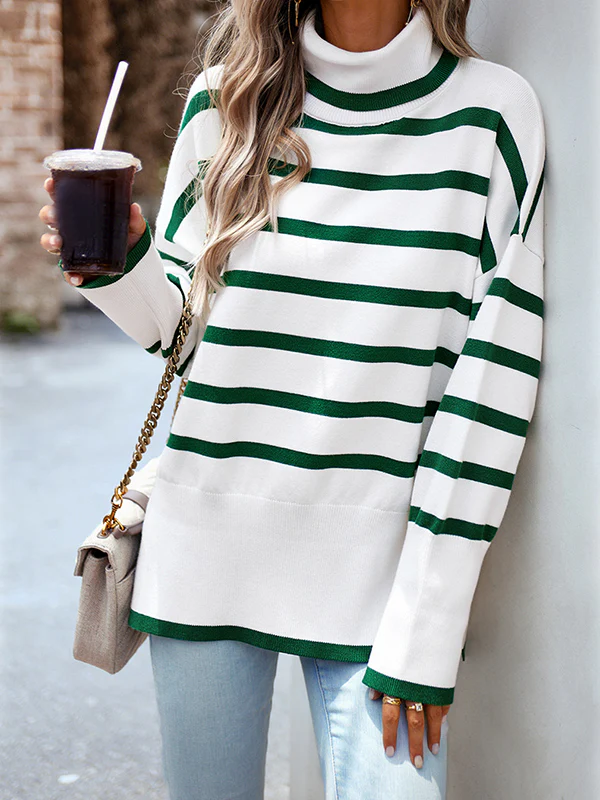 Long Sleeves Loose Contrast Color Split-Side Striped High Neck Pullovers Sweater Tops - Image 15