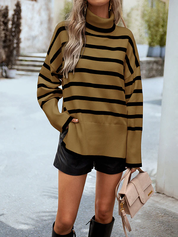 Long Sleeves Loose Contrast Color Split-Side Striped High Neck Pullovers Sweater Tops - Image 2